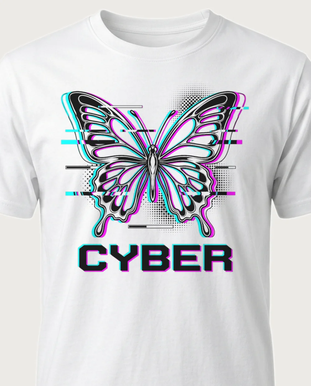 CYBER butterfly — Y2K Glitch on a white tee